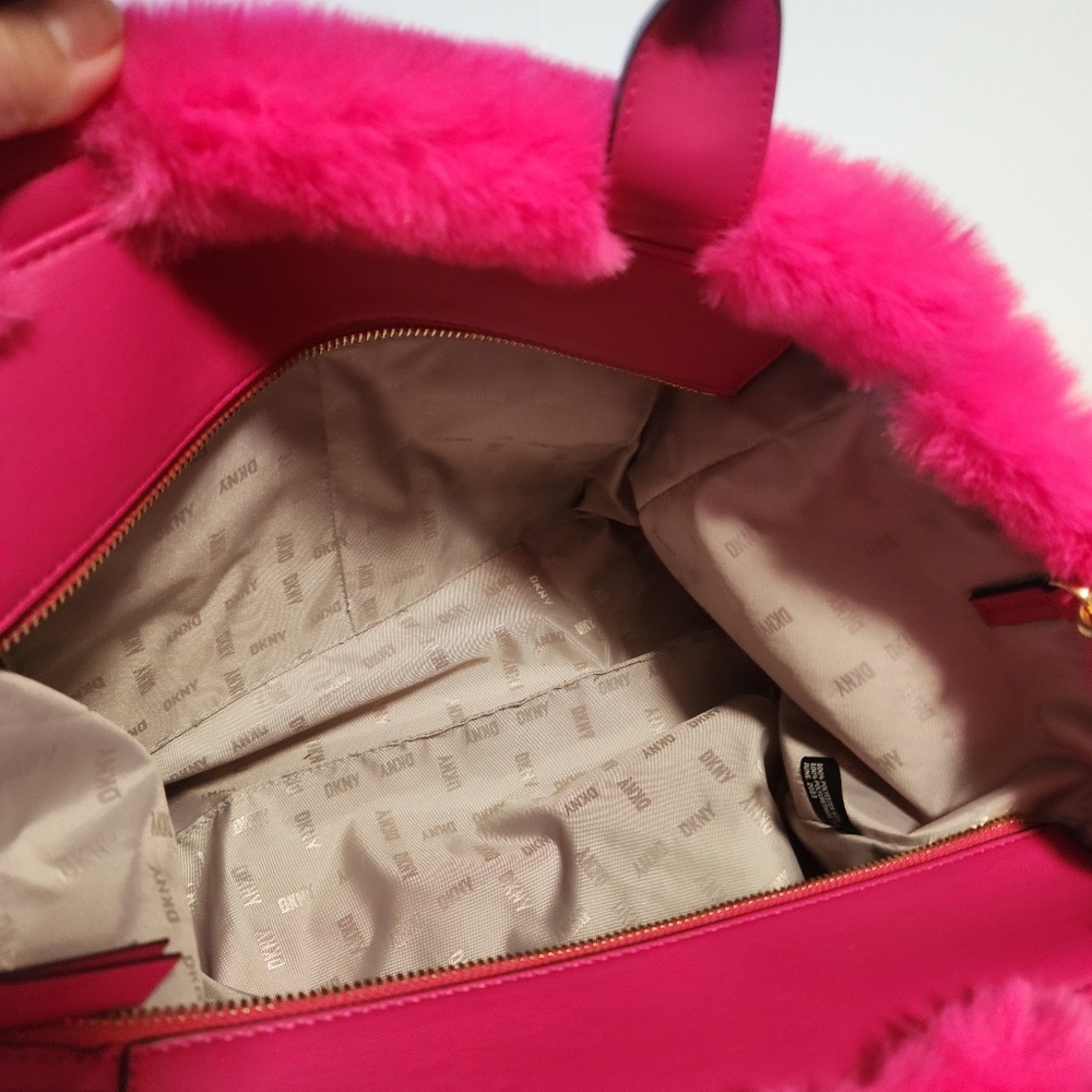 DKNY Hadlee Medium Tote Hot Pink Faux Fur with Shoulder Strap Bag - Picture 8 of 15